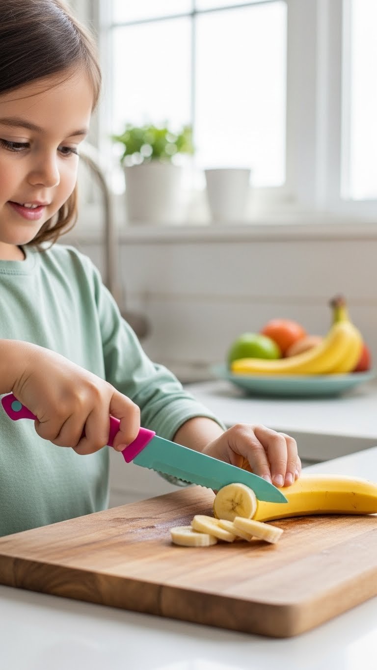 11 Essential Kitchen Gadgets For Kids To Use In 2025 1 Young child's hands using colorful nylon serrated knife to slice banana on wooden cutting board in bright kitchen