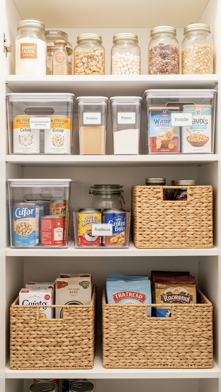 11 Pantry Closet Ideas: Transform Small Spaces, Organize Smarter 9 Zone-based pantry shelf: clear acrylic bins, woven baskets, and labeled glass jars for efficient food storage.