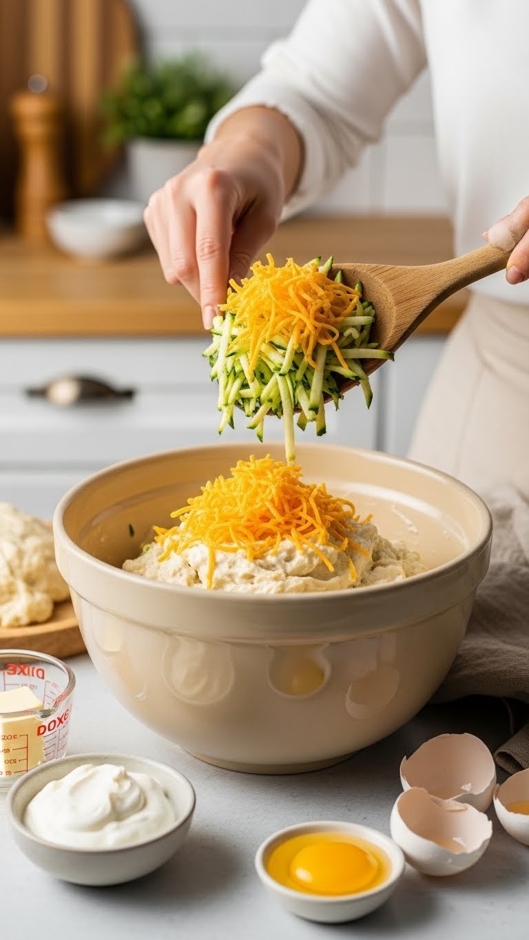 45-degree angle close-up of wooden spoon folding zucchini and cheddar cheese into creamy wet ingredients bowl for savory bread recipe