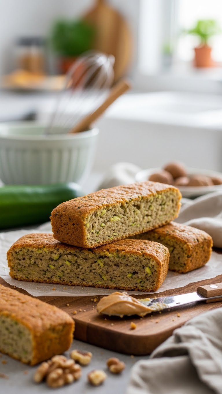 Zucchini Baking For Babies: Essential Safe &Amp; Healthy Recipes 7 45-degree angle shot of rectangular zucchini bread sticks with textured crust on wooden cutting board