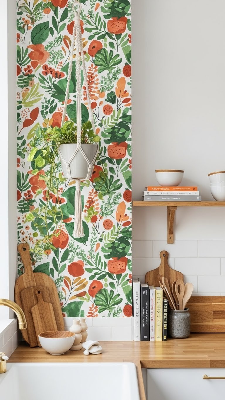 Accent wall with vibrant botanical peel and stick wallpaper transforming apartment kitchen space.