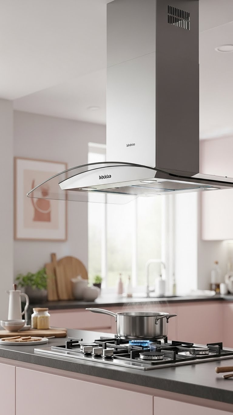 Advanced kitchen chimney system in Indian apartment efficiently extracting steam above modern stainless steel hob