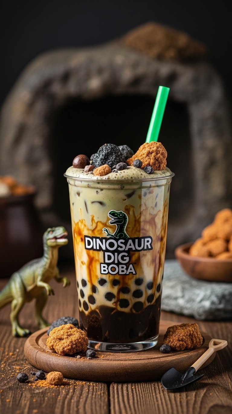 Adventurous Dinosaur Dig Boba with fossil sprinkles and dinosaur trinket on rustic wooden table