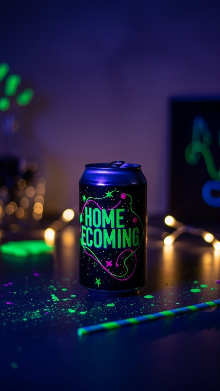 Aesthetic glow-in-the-dark energy drink poster with UV-reactive design on dark background