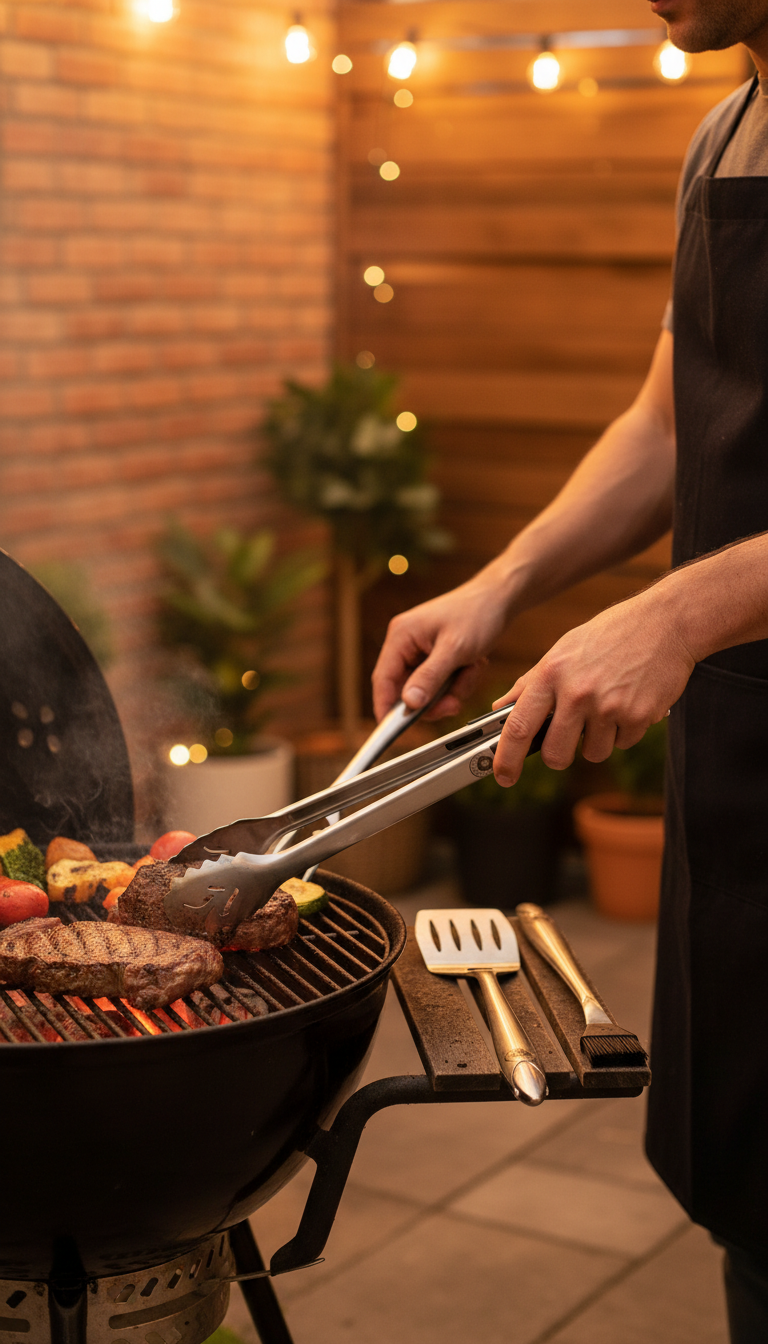 Alpha Grillers Bbq Tools Review: Worth It? 2 A photo showing the Alpha Grillers BBQ tools in use on a grill with various meats, highlighting their long handles in action.