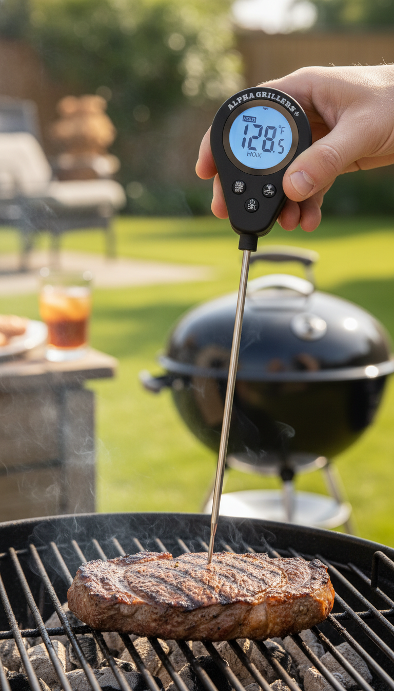 A photo showing the Alpha Grillers thermometer in a glass of ice water next to a digital timer, demonstrating the testing process.