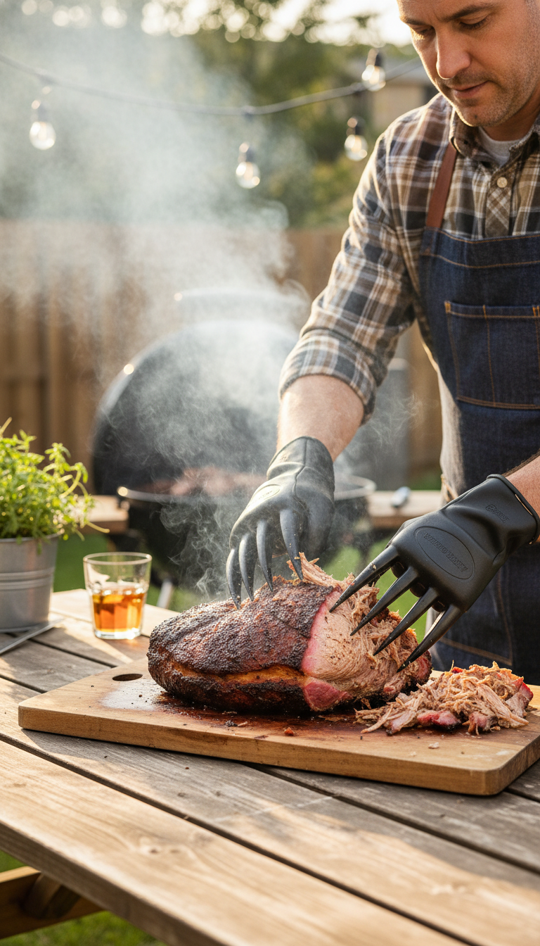 Alpha Grillers Meat Shredder Claws Review: Are They Worth It? 2 A pair of Alpha Grillers Meat Shredder Claws covered in pulled pork, sitting next to a timer and a plate of shredded meat, demonstrating a real-world testing environment.