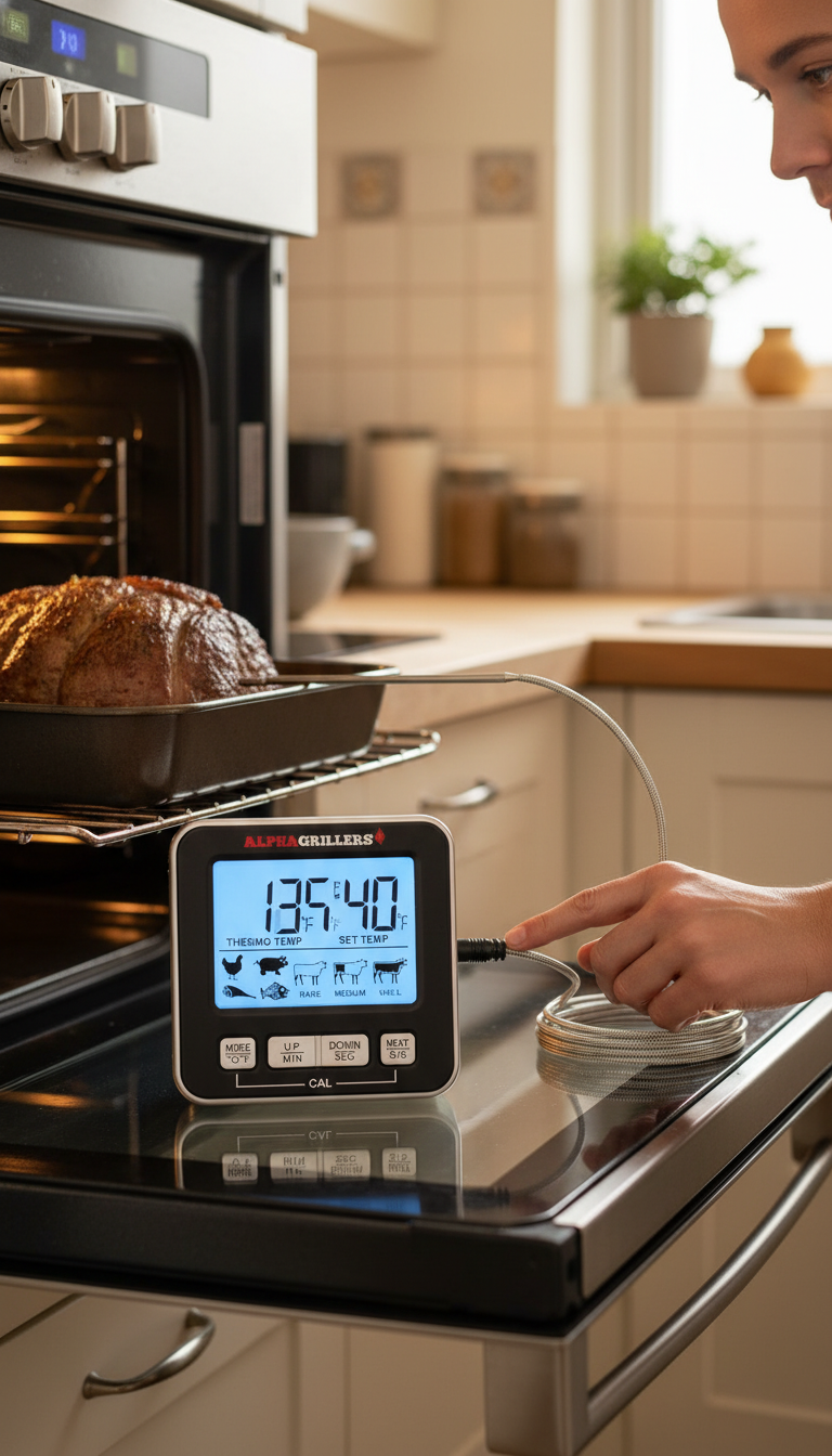 Alpha Grillers wired thermometer probe in a turkey roast with the display unit on the counter.