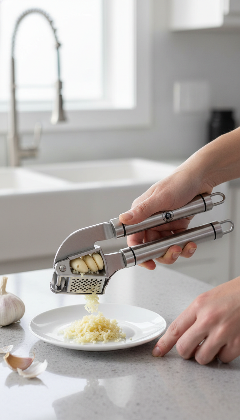 Alpha Grillers Stainless Steel Garlic Press Review: Worth It? 2 A photo showing the Alpha Grillers Stainless Steel Garlic Press in action on a cutting board, with cloves of garlic, a piece of ginger, and the silicone peeler nearby.