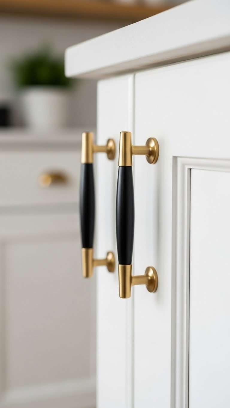 Apartment kitchen cabinet door with modern removable hardware for aesthetic upgrade