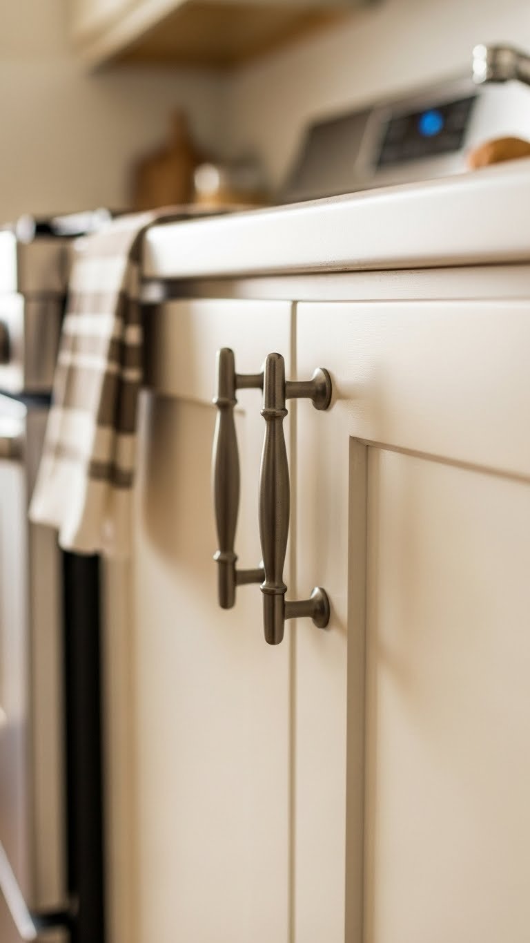 Apartment kitchen cabinet door with sleek modern hardware pull contrasting against painted finish and clean countertop