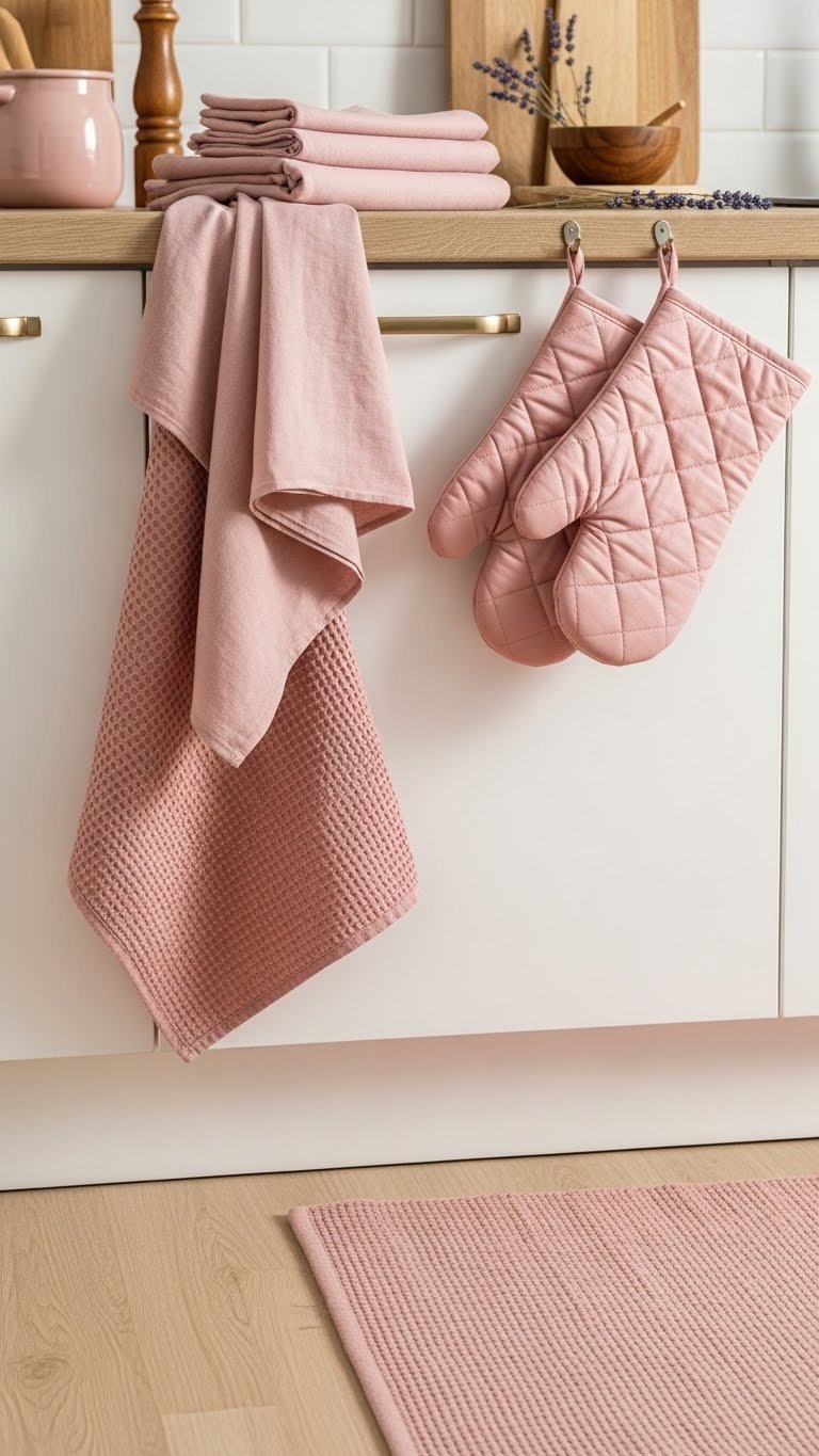 Apartment kitchen counter with blush pink linen tea towels, oven mitts, and dusty rose kitchen mat