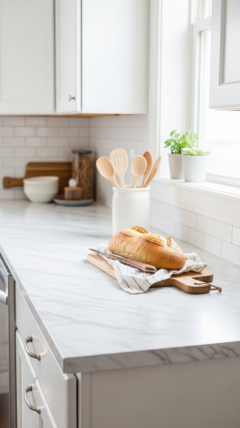Apartment kitchen countertop covered in elegant marble-patterned contact paper with utensil crock