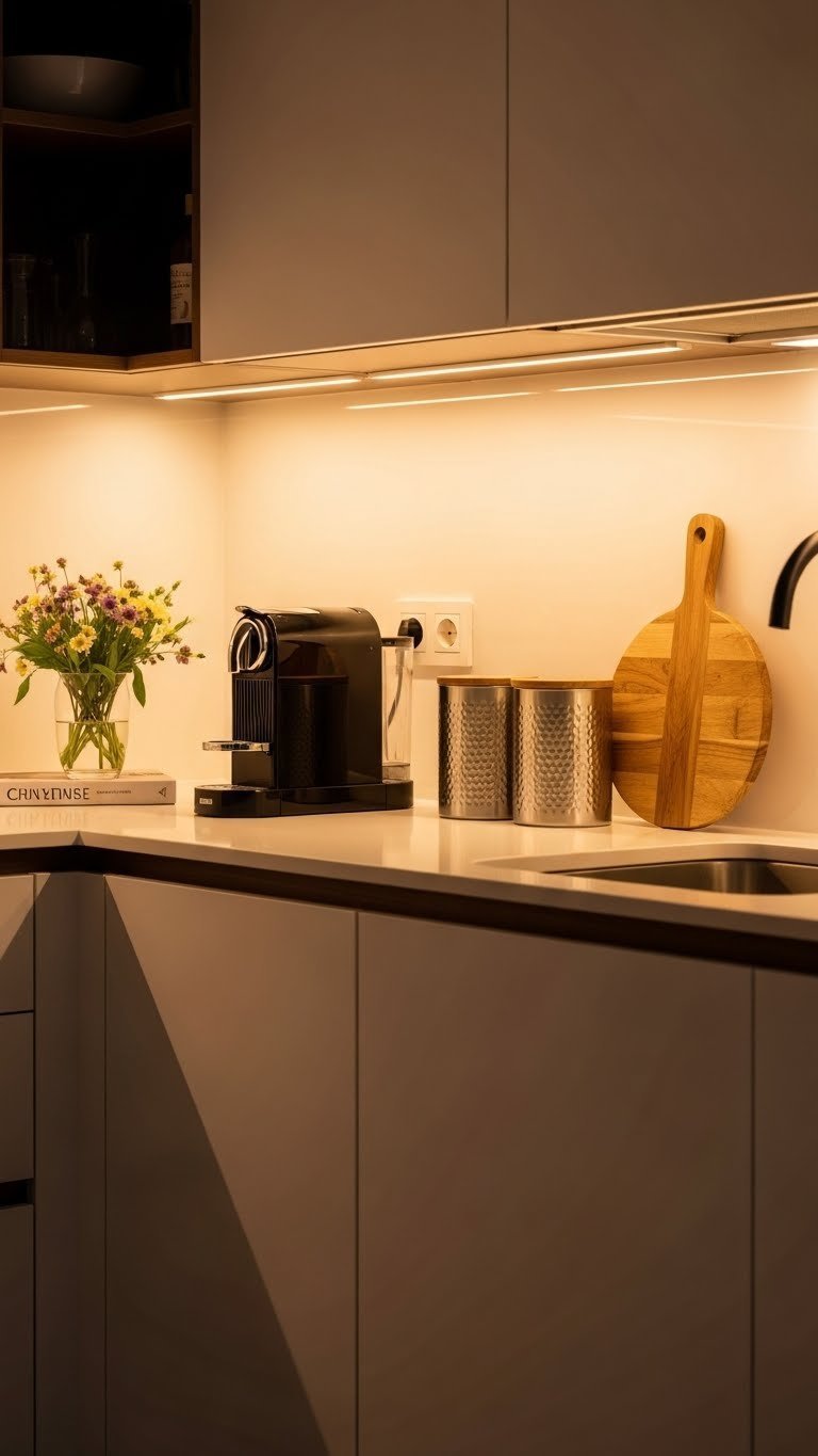 Apartment kitchen countertop with warm under-cabinet LED lighting highlighting sleek coffee maker