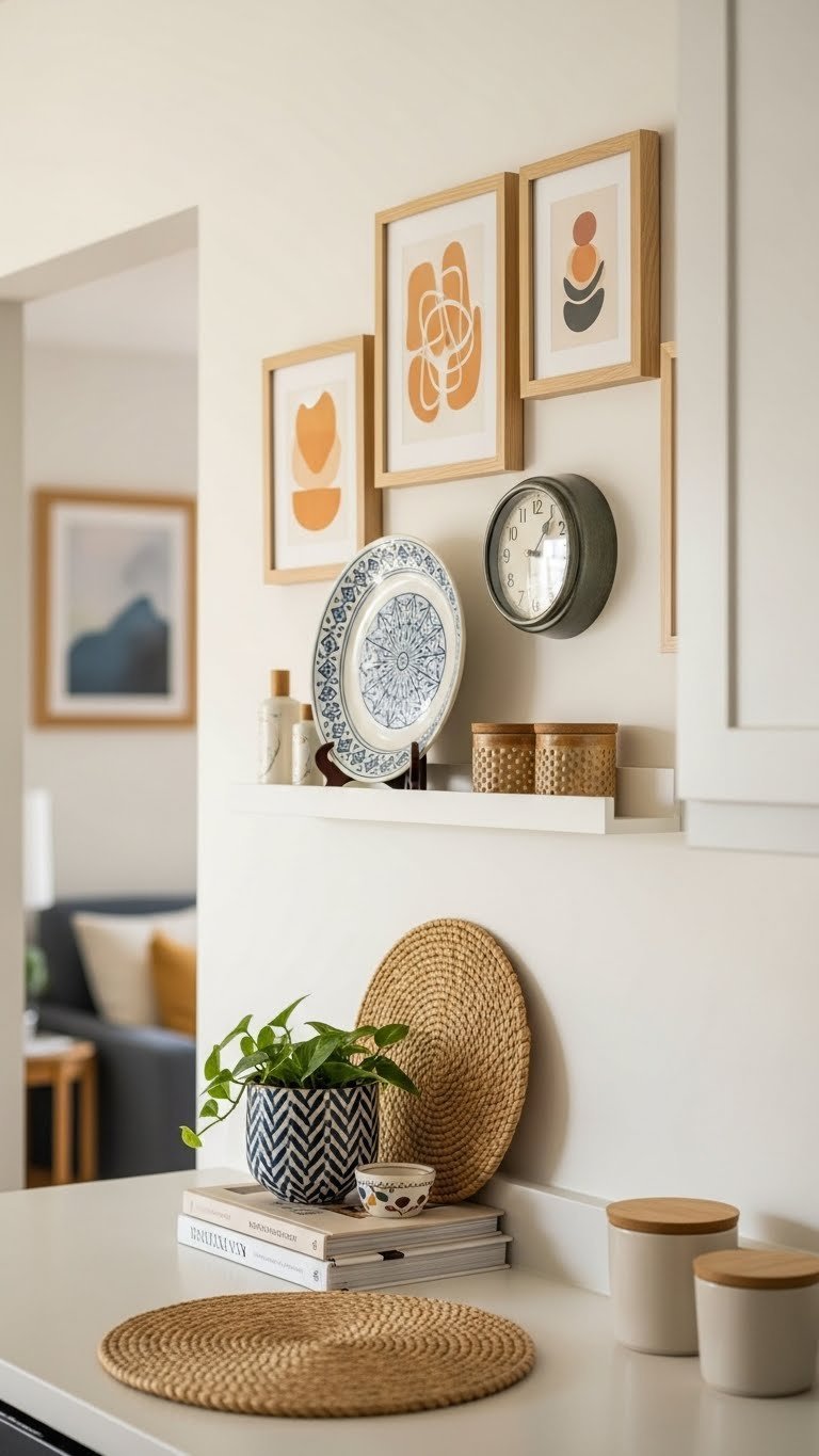 Apartment kitchen gallery wall with framed prints, decorative ceramic plate, and vintage-inspired clock on neutral wall
