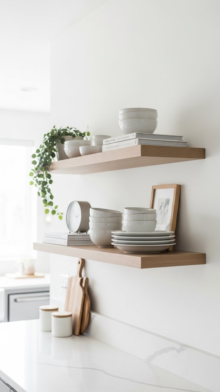 Apartment kitchen wall with floating shelves displaying ceramic bowls and cookbooks