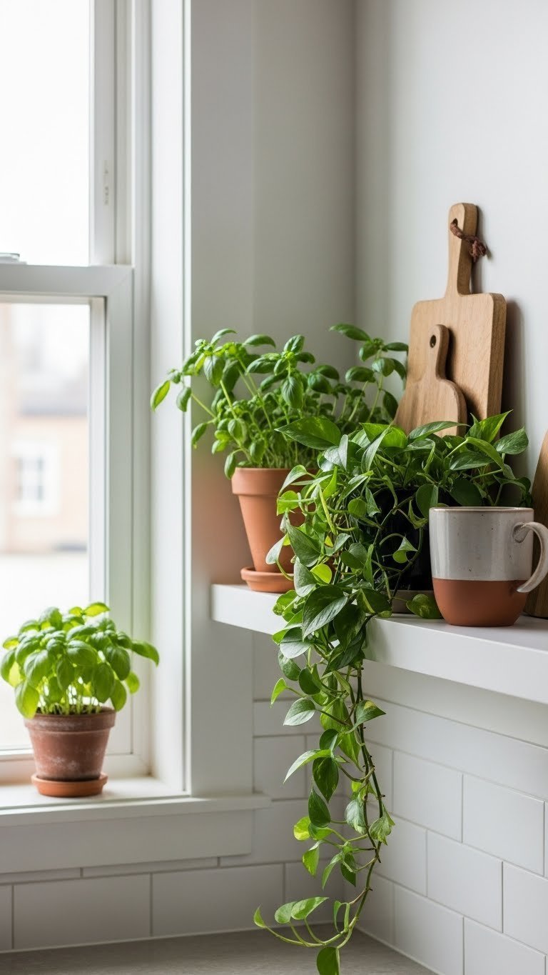 Apartment kitchen with indoor plants including herbs and trailing pothos on windowsill