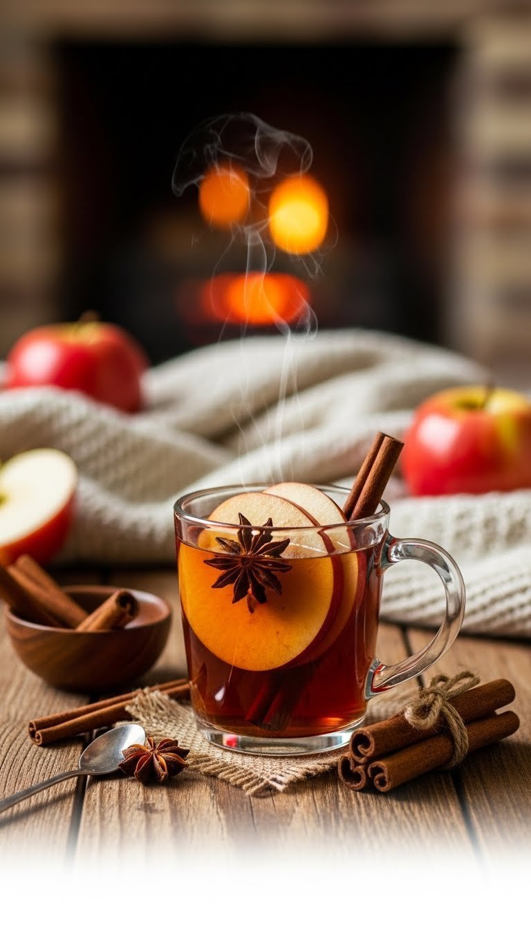 Apple Cinnamon Cozy Drink steaming mug with warm apple juice, cinnamon sticks and apple slices garnished with star anise.
