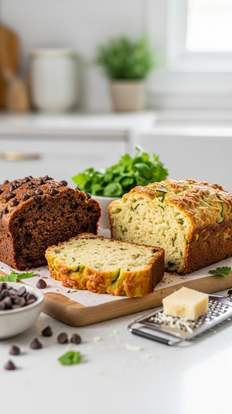 Assorted keto zucchini bread slices with chocolate chips and herbs arranged on wooden cutting board