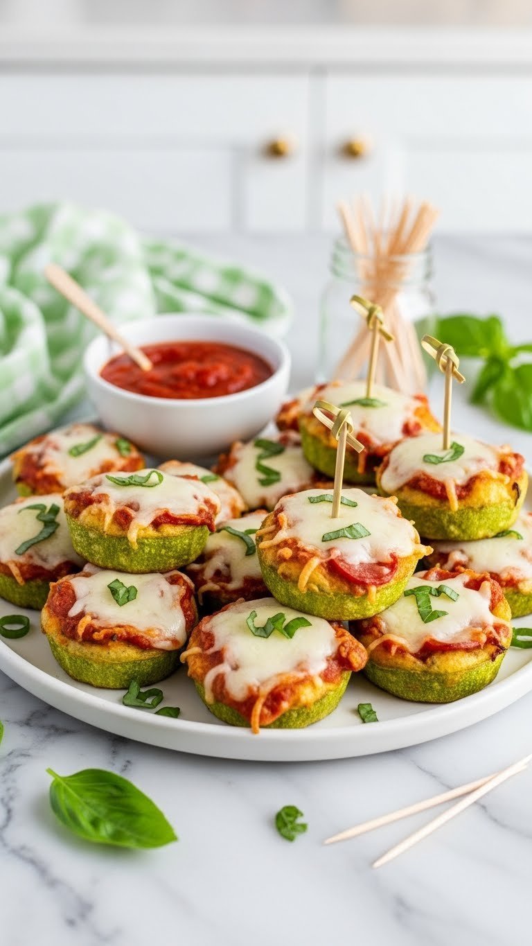 Easy Crispy Zucchini Keto Pizza Baking Recipes 3 Assortment of keto zucchini pizza bites with melted mozzarella, pepperoni, and fresh herbs arranged on marble serving platter