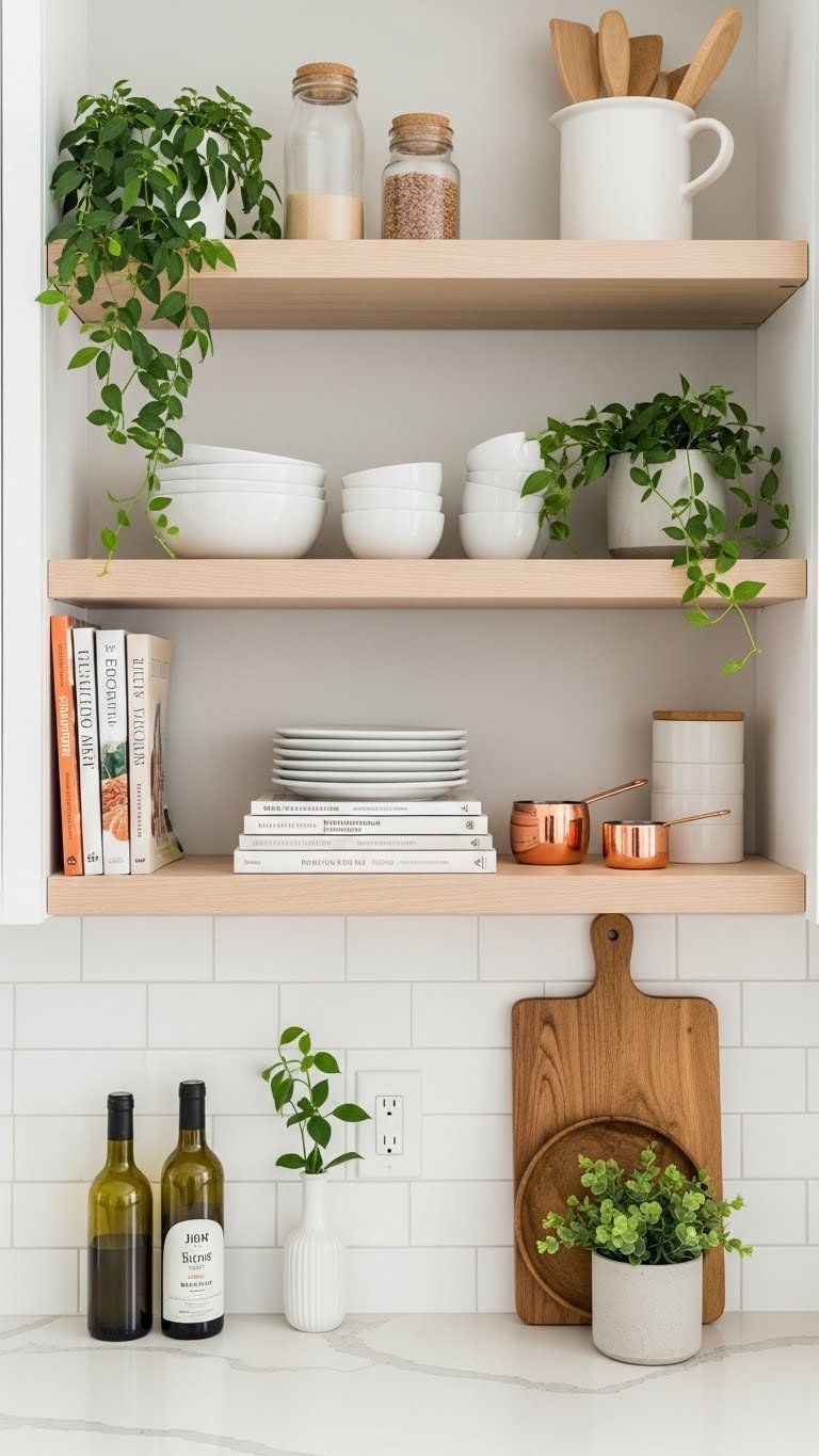 Attractive open shelving system with curated dishware and plants creating light, airy feel in studio kitchen
