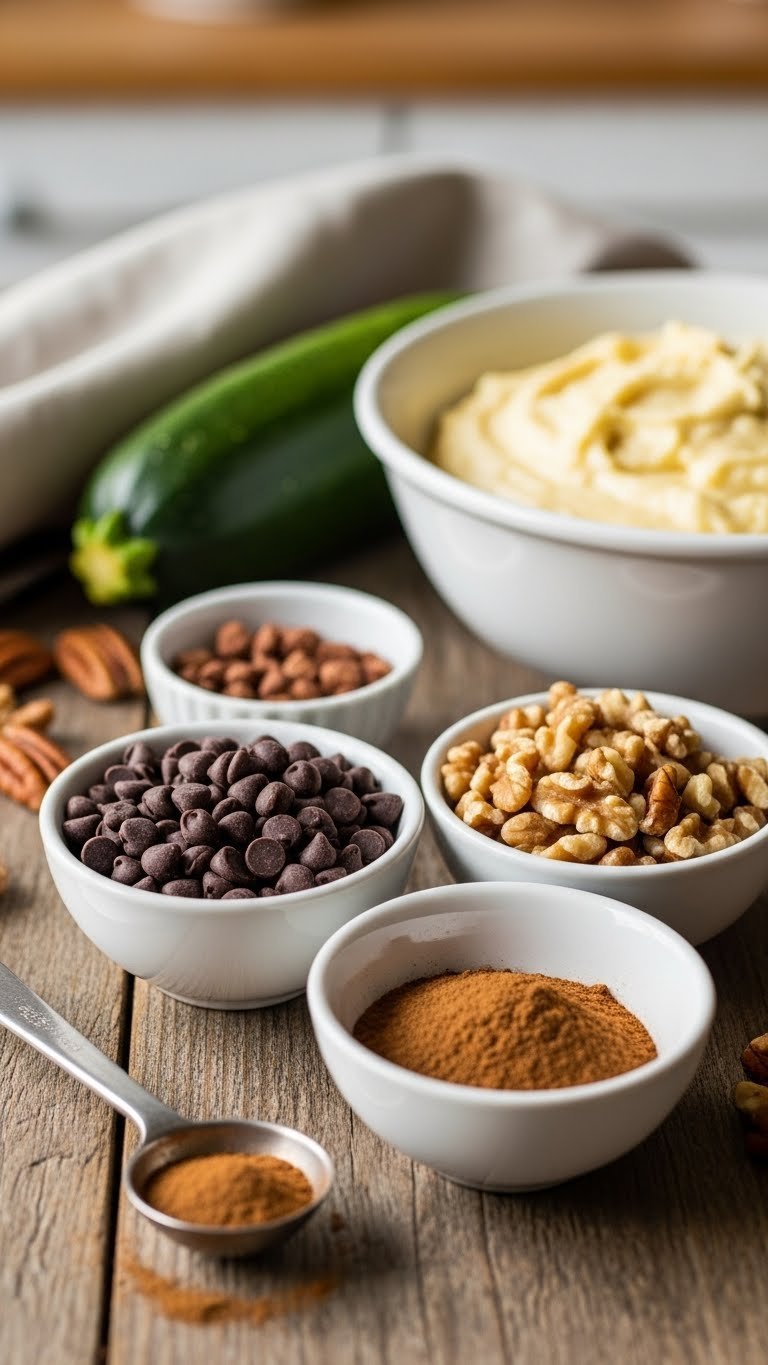 Baking mix-ins for yellow zucchini bread including chocolate chips, walnuts, and cinnamon in small decorative bowls