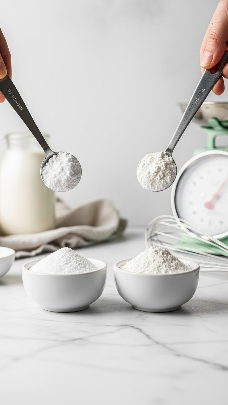 Baking soda and baking powder in small bowls with measuring spoons poised above on marble countertop