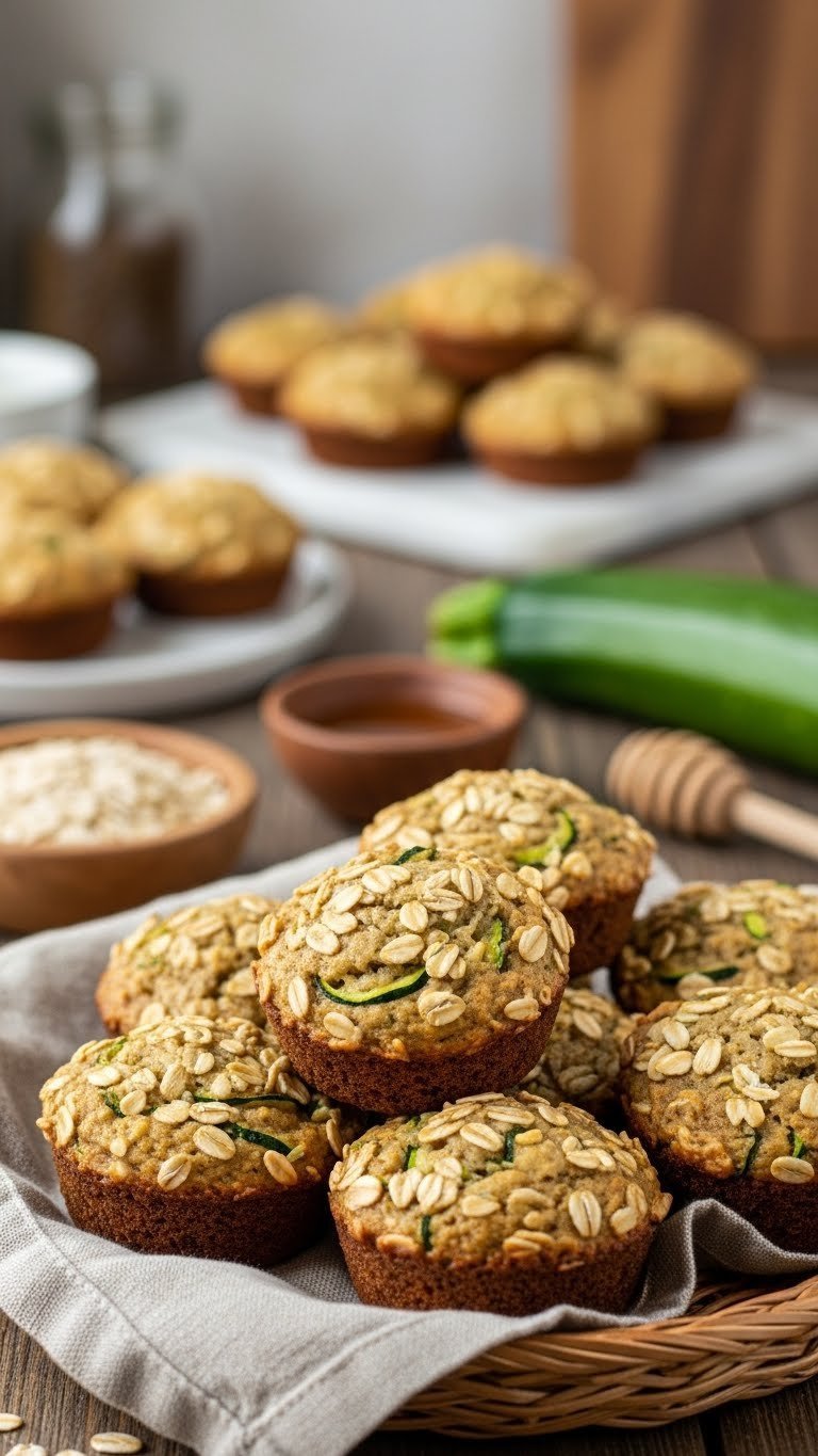 Basket of wholesome zucchini oat muffins with golden tops in woven basket with linen cloth