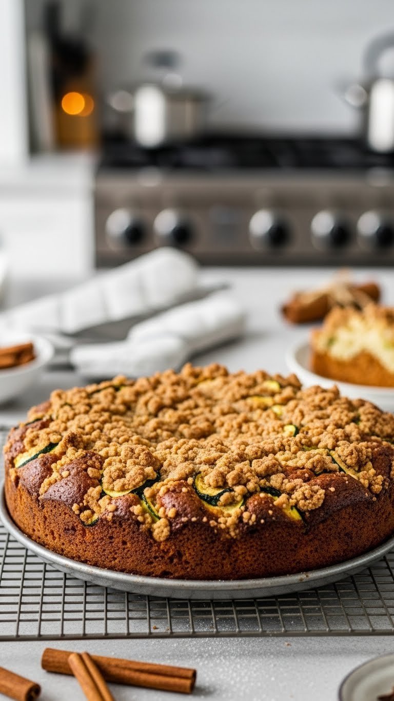 Beautiful golden brown zucchini coffee cake fresh from oven with glistening streusel topping on a cooling rack