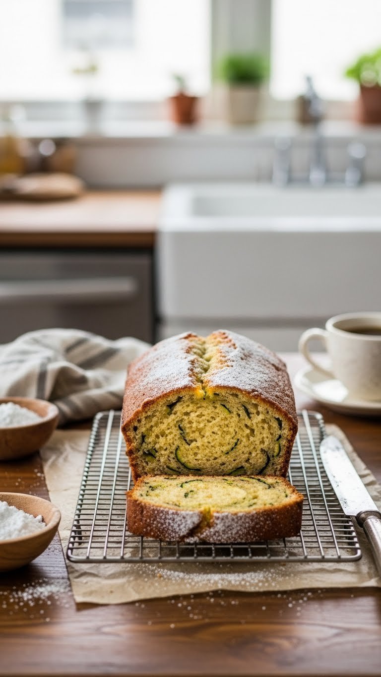 Beautiful sour cream zucchini bread cooling on rack with powdered sugar dusting