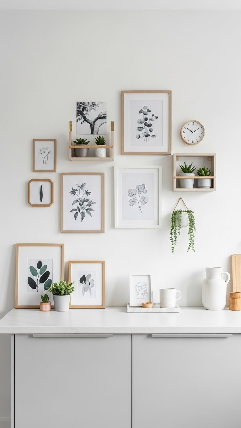 Beautifully curated gallery wall in modern apartment kitchen featuring framed prints, floating shelves with plants, and decorative accents arranged asymmetrically.