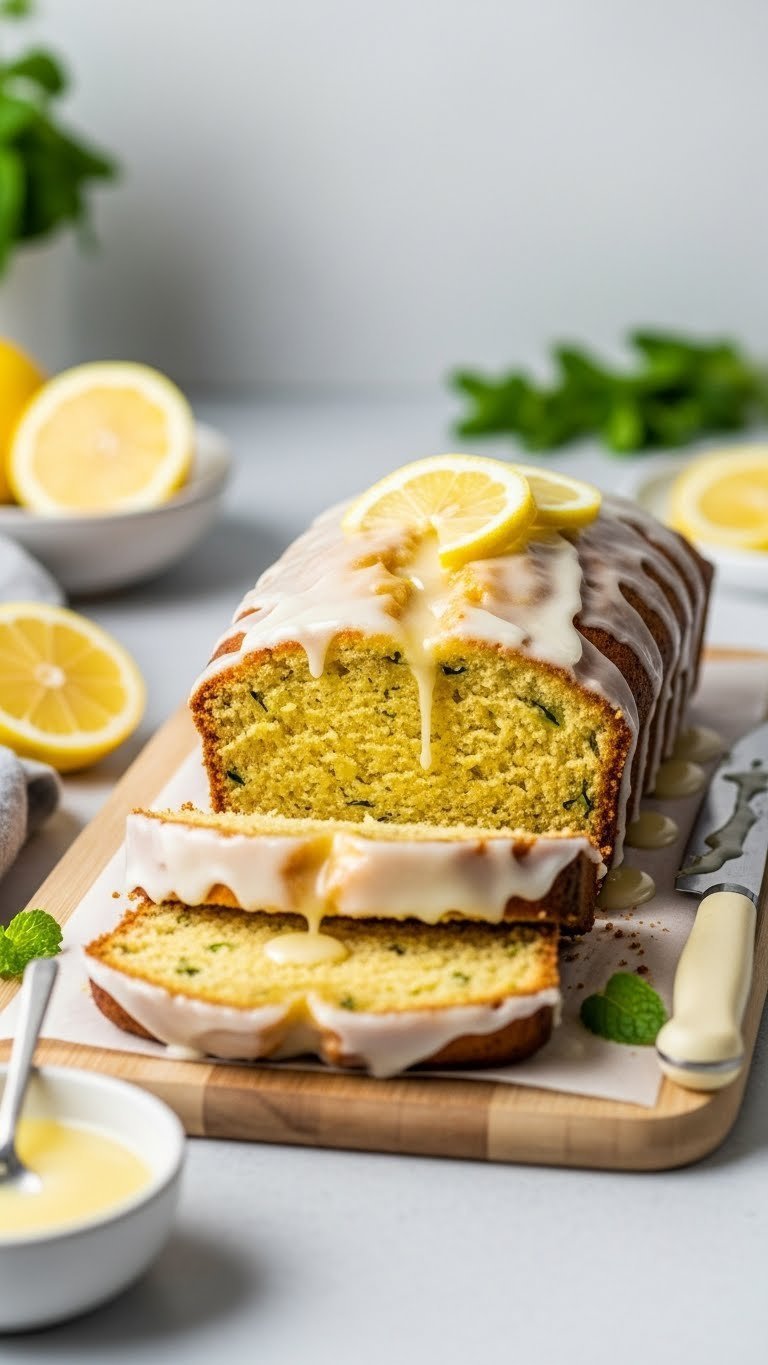 Beautifully glazed yellow zucchini bread loaf with lemon glaze drizzled over sliced sections on wooden cutting board