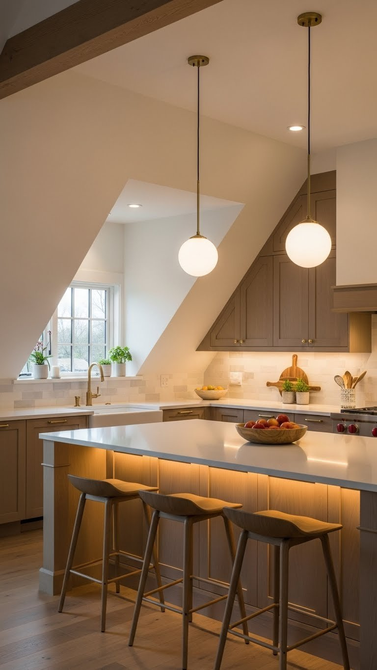 11 Genius Attic Kitchen Ideas For Slanted Ceilings 13 Beautifully lit attic kitchen showcasing recessed lighting and pendant lights enhancing slanted ceiling architecture