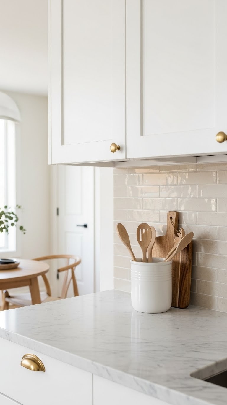 Beige subway tile backsplash extending from countertop to cabinets in compact kitchen space