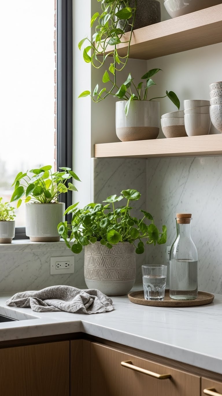 Biophilic design elements with lush green plants in designer ceramic planters on modern kitchen countertops.