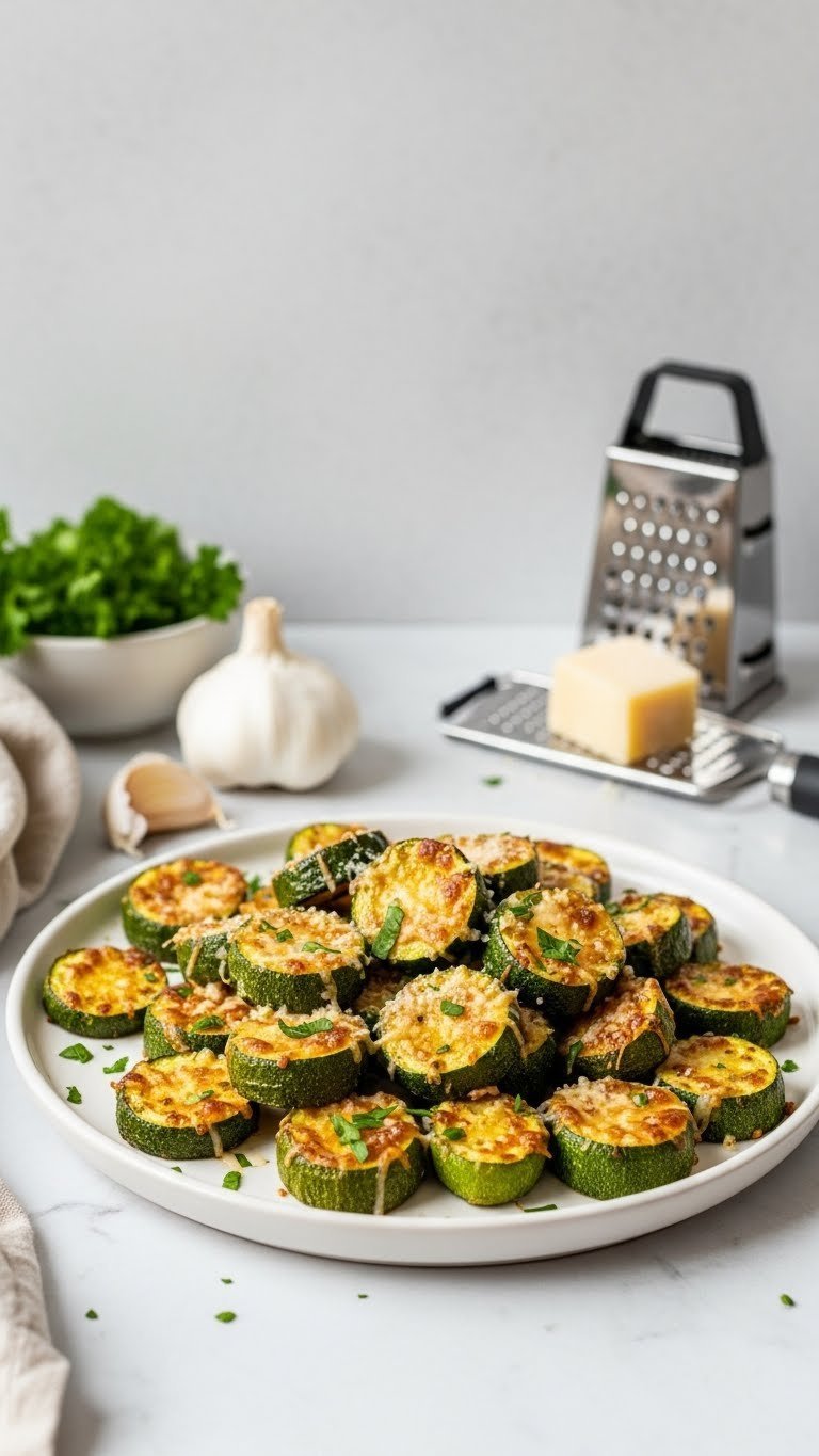 Bite-sized parmesan garlic air fryer zucchini bites on white ceramic platter with fresh parsley and garlic garnish.