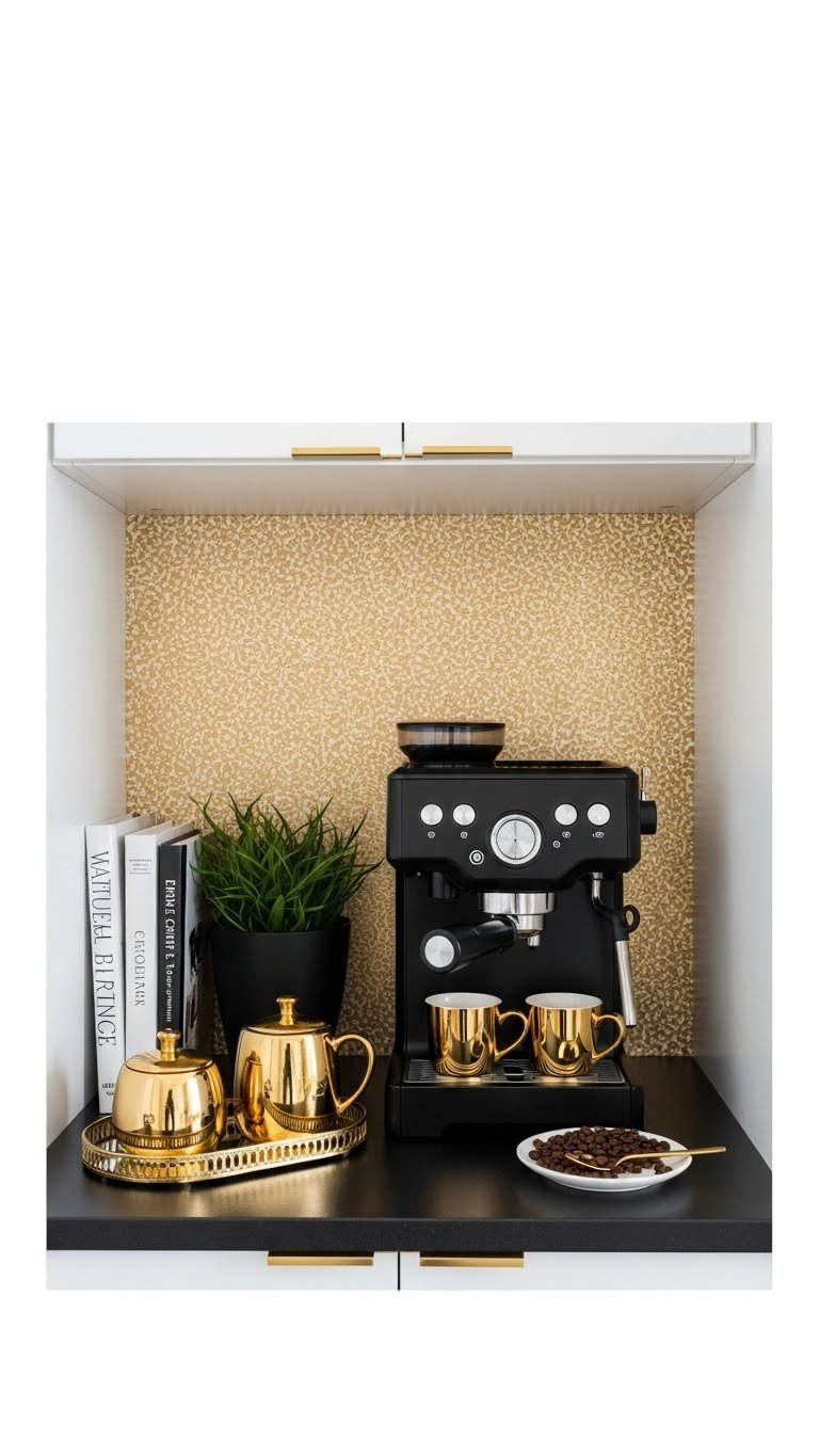 Black and gold coffee bar nook with espresso machine, gold-rimmed mugs, and gold accent wall