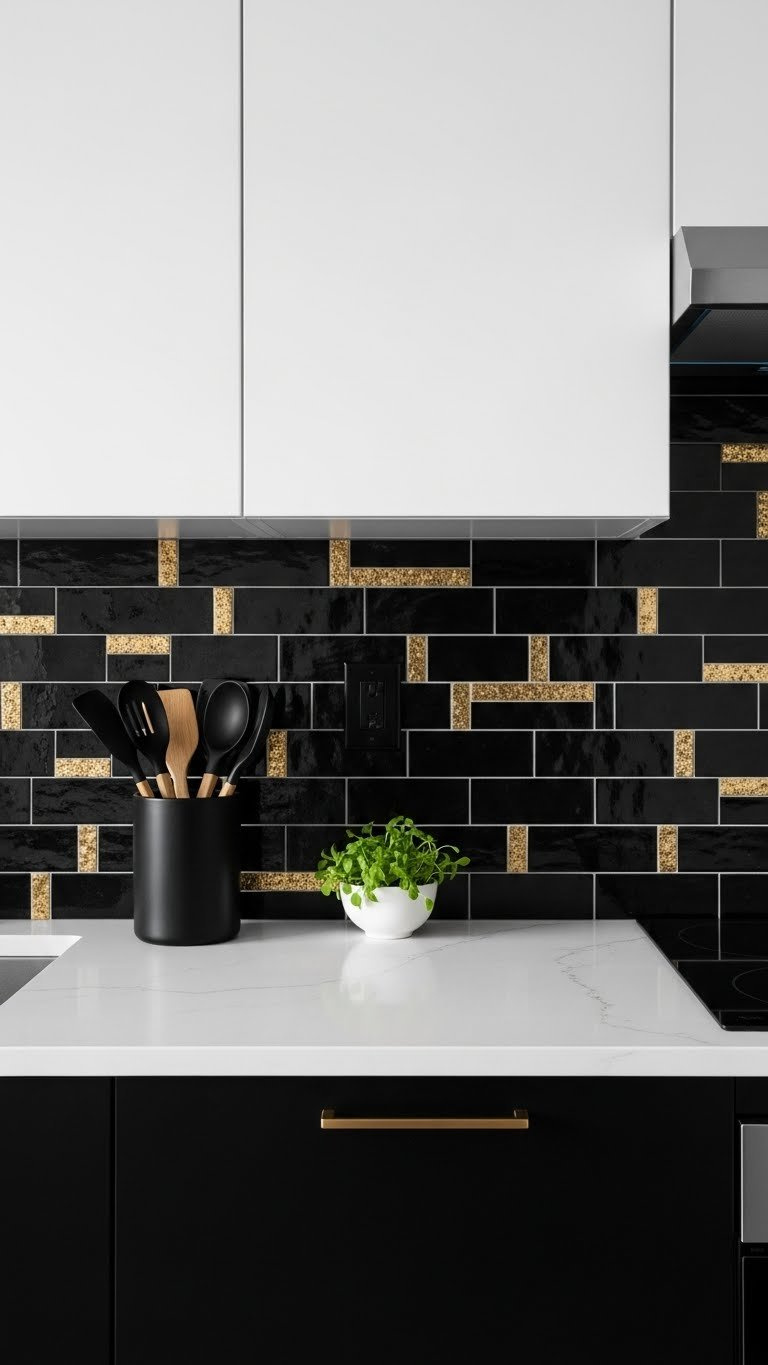 Black and gold geometric tile backsplash with subtle shimmer against black countertop and cabinetry
