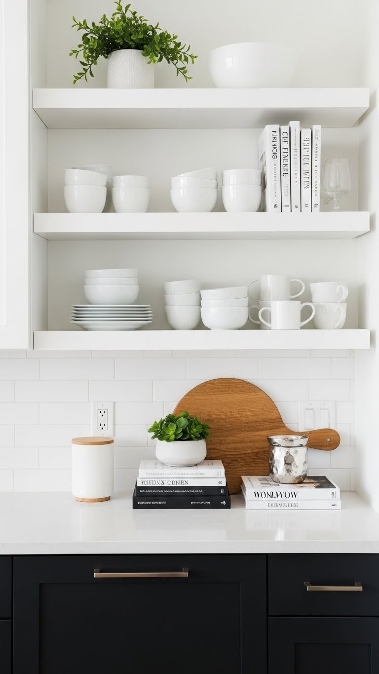 Black and white apartment kitchen with crisp white open shelves displaying curated monochromatic dishware and cookbooks with succulent
