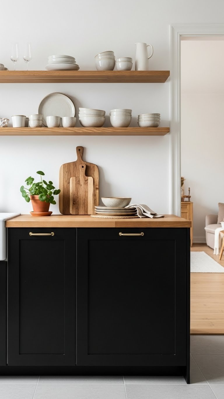 Black cabinets contrasted with natural butcher block countertop and wooden shelves displaying artisan ceramics