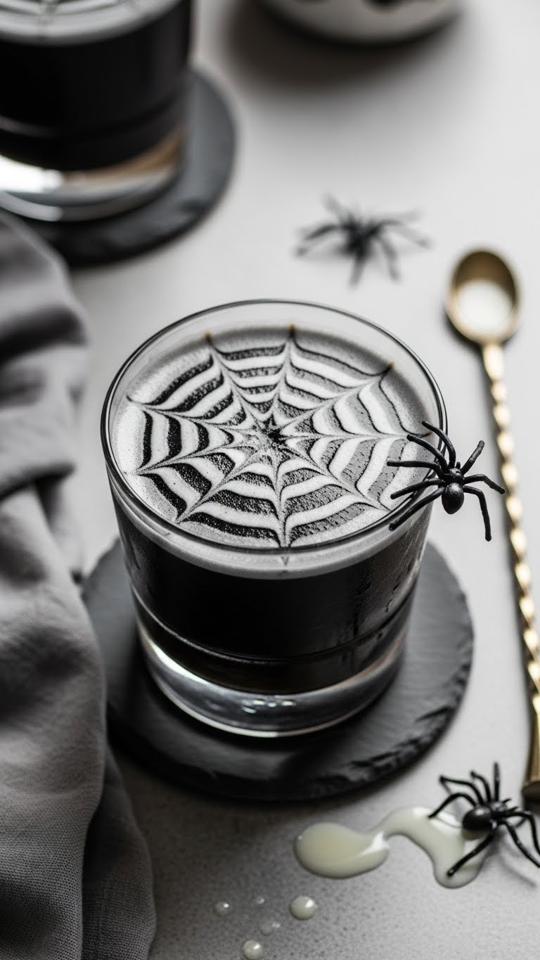 Black cocktail with delicate spiderweb pattern and plastic spider garnish in short glass on slate coaster
