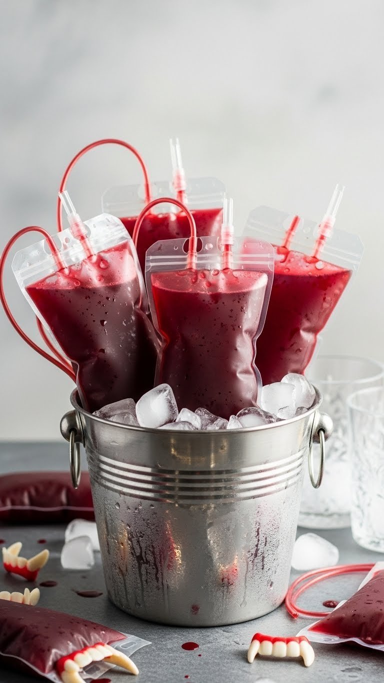 Blood bag cocktails filled with thick red liquid arranged in ice bucket with vampire-themed garnishes