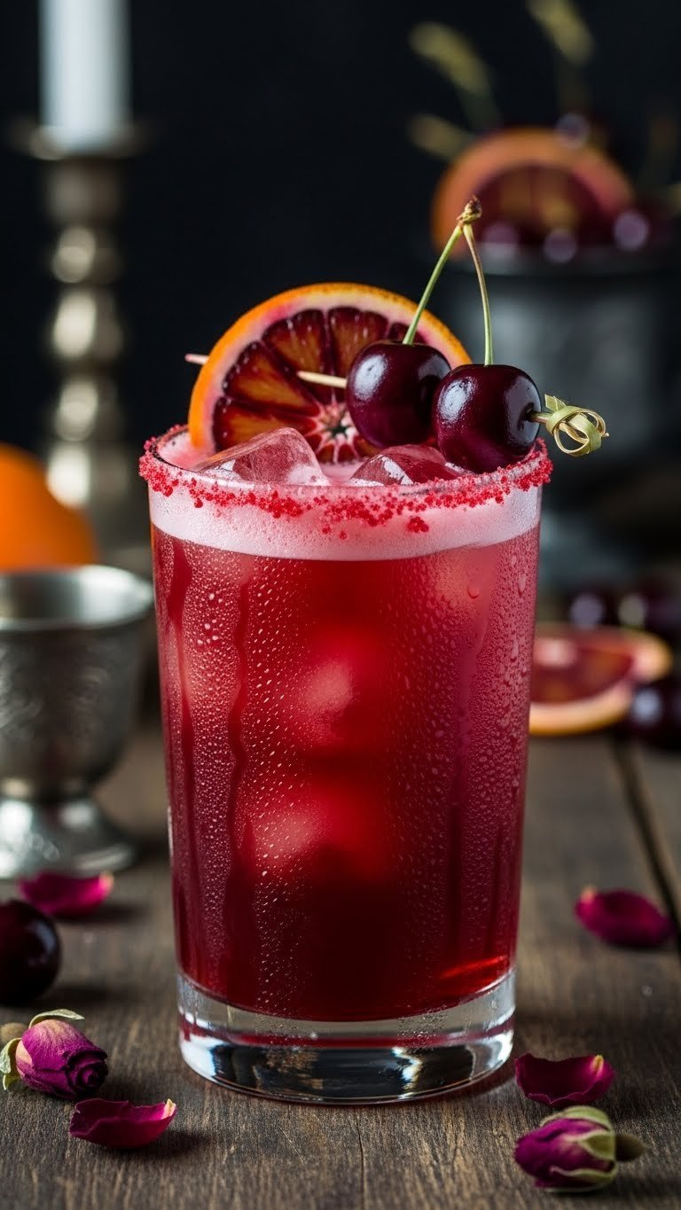 Blood red Vampire's Kiss mocktail in chilled glass with sugar rim and blood orange garnish on dark wood