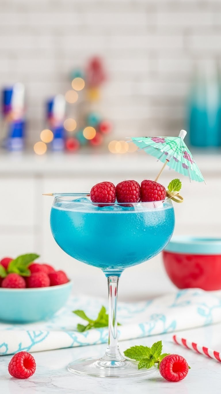 Blue Raspberry Red Bull mocktail in coupe glass with fresh raspberries and cocktail umbrella garnish