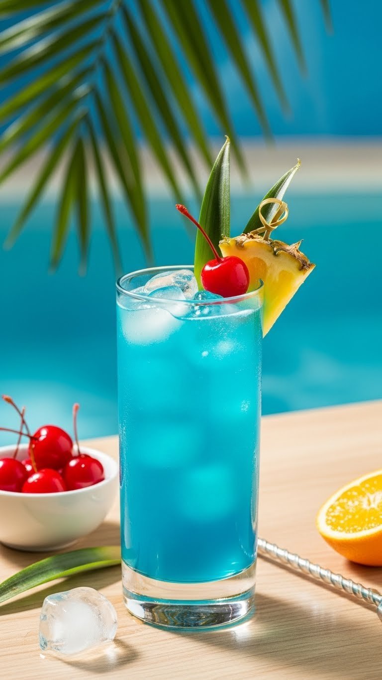 Blue lagoon cocktail in tall glass with cherry garnish on tropical-themed surface