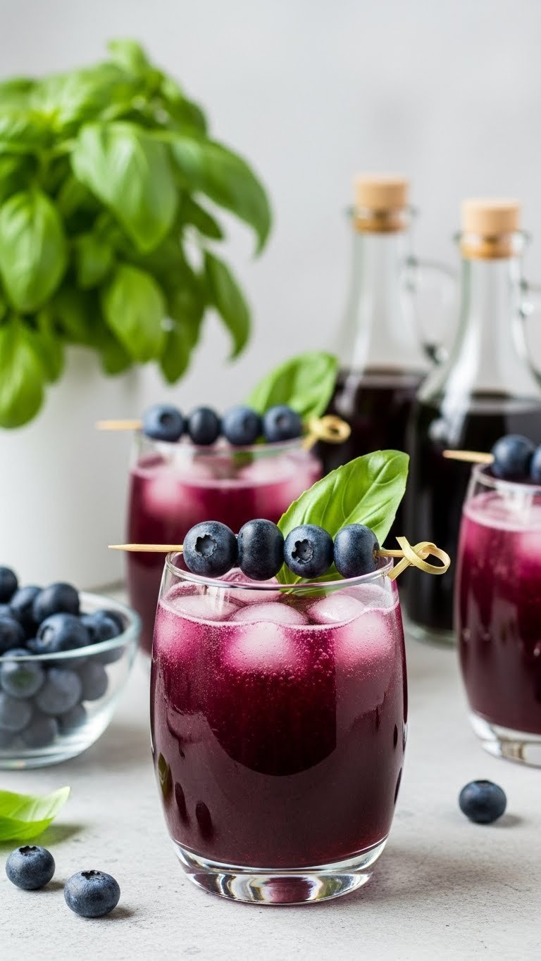 Blueberry basil shrub soda in clear glass with fruit skewer and basil leaf on light stone surface
