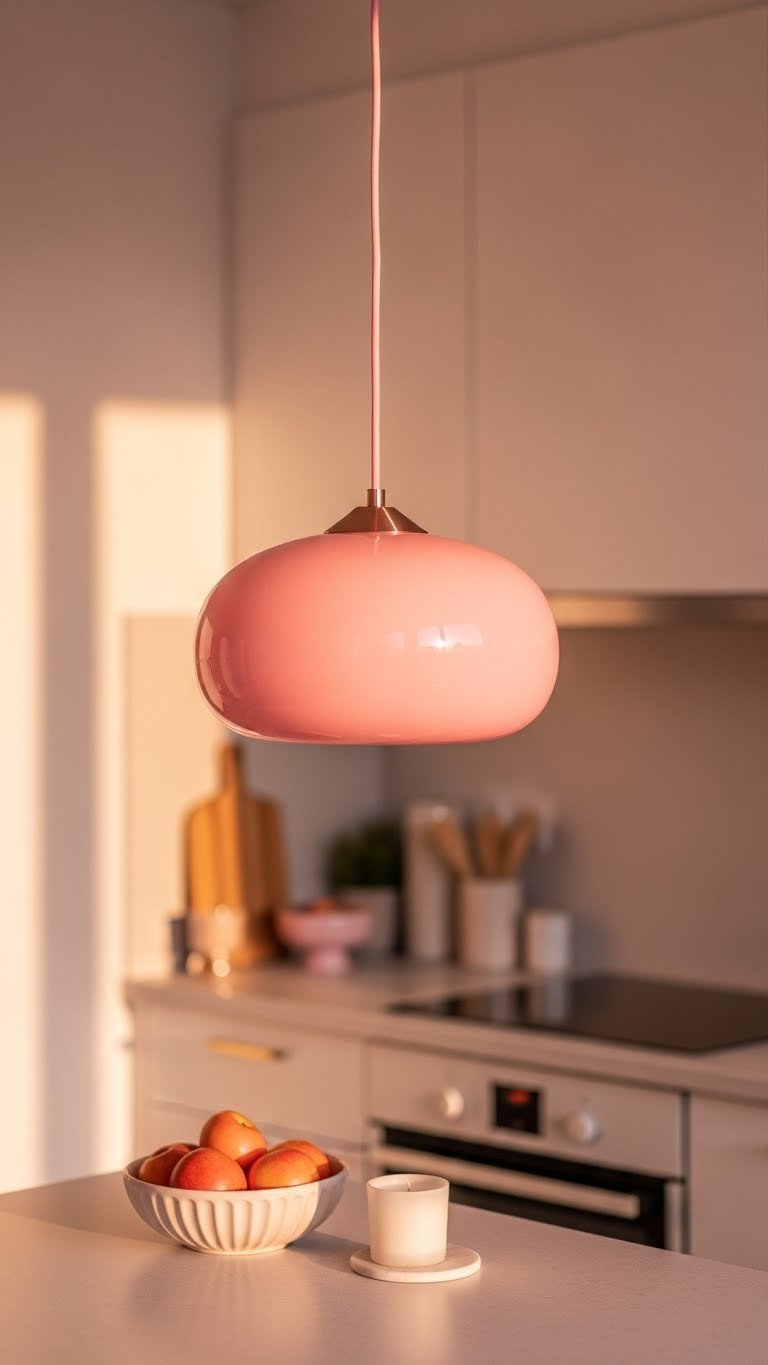 Blush pink glass pendant light fixture casting soft glow over apartment kitchen island