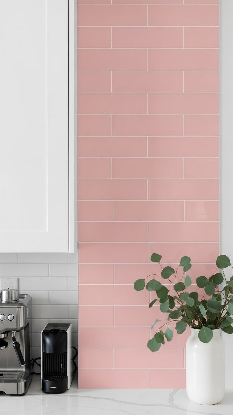 Blush pink peel-and-stick subway tile backsplash installed on apartment kitchen wall above counter