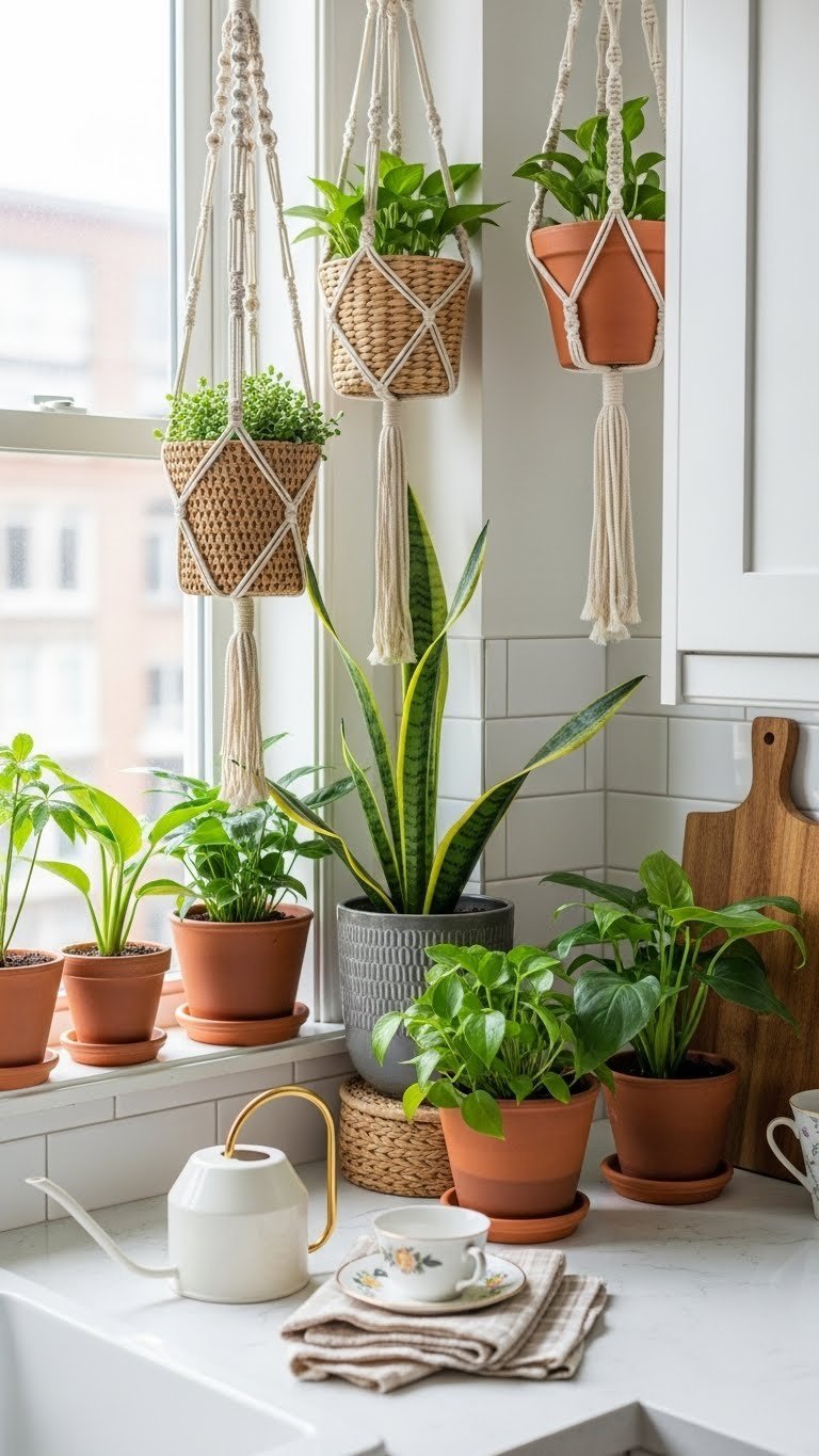 Bohemian kitchen corner with low-maintenance indoor plants in terracotta pots and macrame hangers near window