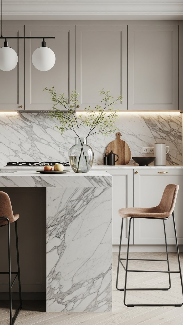 Bookmatched marble slabs with mitered edges creating symmetrical veining pattern on luxury kitchen island